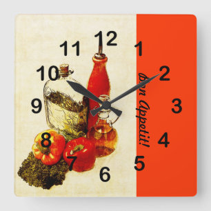 Olijfolie voor het koken, stilleven vierkante klok