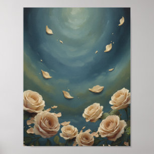Olijfschilderij met rozen en zwevende bloemblaadje poster