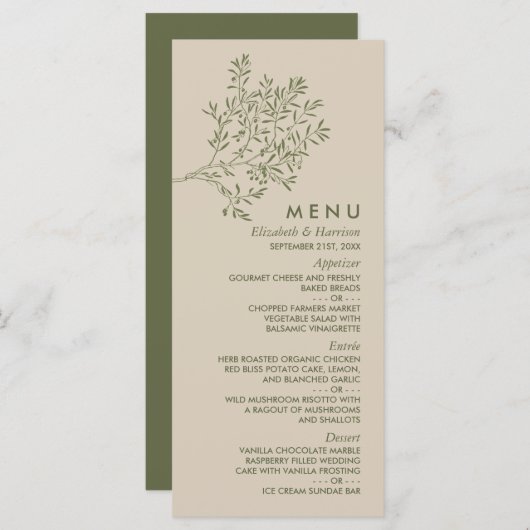 Olijftak Branch, Rustieke & Minimalistische Trouwf Menu (Voorkant / Achterkant)