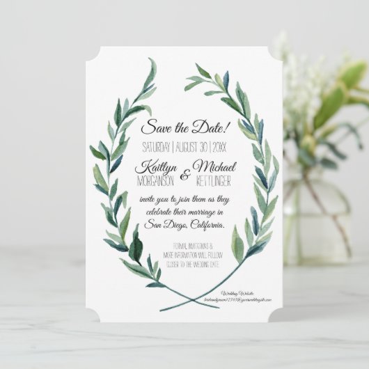 Olijftak lauwerkrans Foto Save the Date Kaart (Staand voorkant)