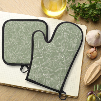 Olijftak Patroon Salie Groen Ovenwant & Pannenlap Set