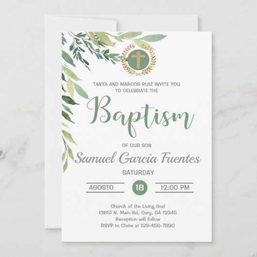 Olijven en bladeren Baptism-uitnodiging. Kaart (Voorkant)