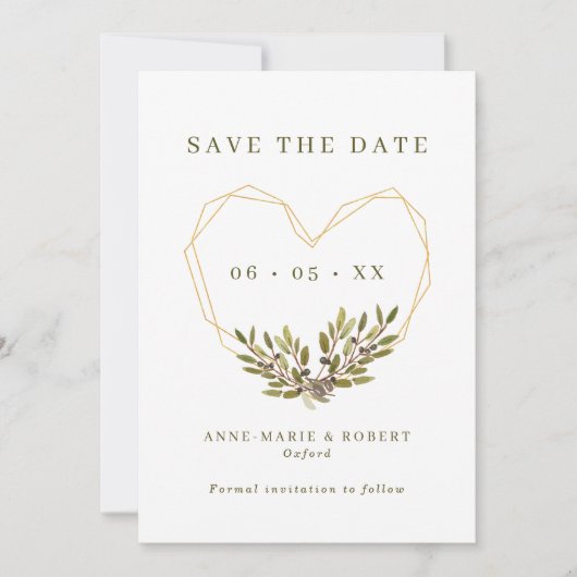 Olijven en bladeren Geometrische hartbruiloft foto Save The Date (Voorkant)