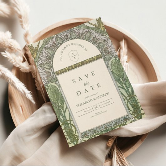 Olive Art Nouveau bruiloft Save The Date