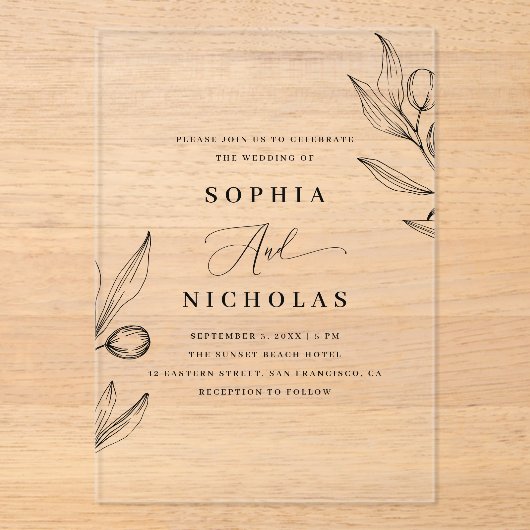 Olive Botanical Wedding | Elegant Italiaans groen Acryl Uitnodigingen (Voorkant)