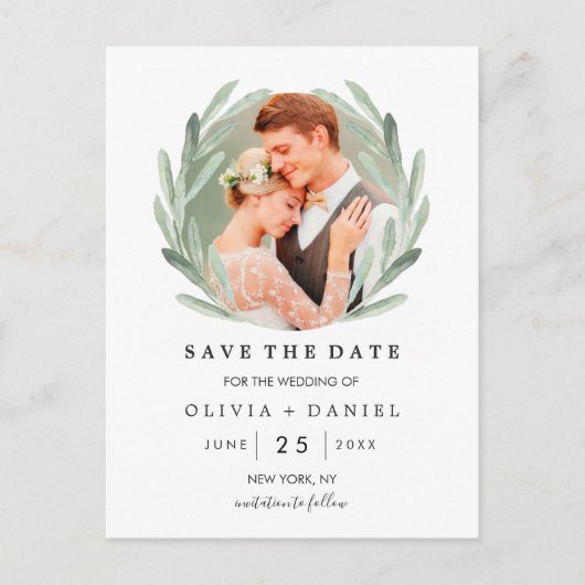 Olive Branch Krans Classy Wedding Save the Date Aankondigingskaart (Voorkant)