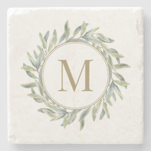 Olive Branch Laurel Wreatalised Monogram Stenen Onderzetter