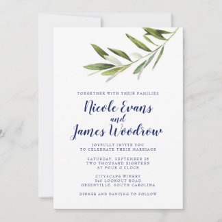 Olive Branch Wedding Invitation for Navy Kaart