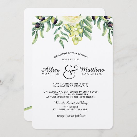 Olive Branch Witte Roos Huwelijksuitnodiging Kaart (Voorkant / Achterkant)