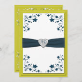 Olive chaud vert et bleu Monogramme Invitation (Devant / Derrière)