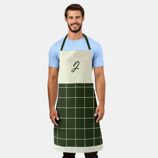 Olive Cream Grid Square Pattern Monogram Initiaal Schort (Gedragen)