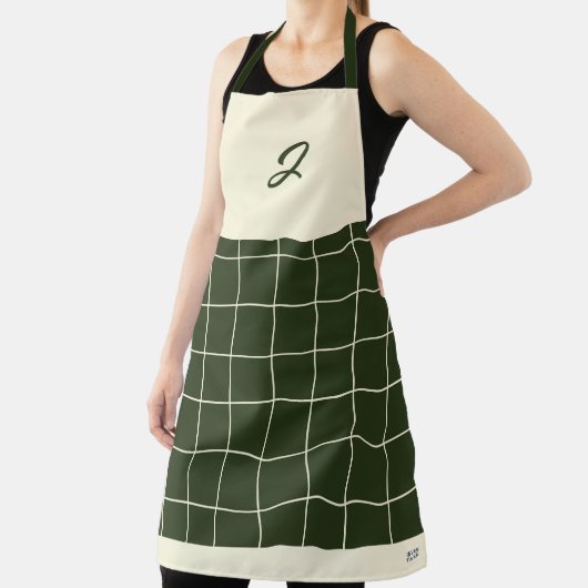 Olive Cream Grid Square Pattern Monogram Initiaal Schort (Insitu)