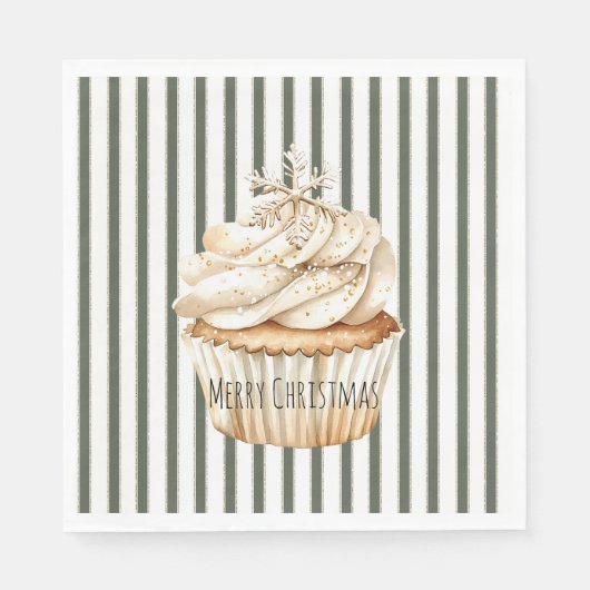 Olive Cream Stripes Snowflake Cupcake Christmas Servet (Voorkant)
