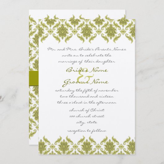 Olive Damask Monogram bruiloft uitnodiging (Voorkant / Achterkant)