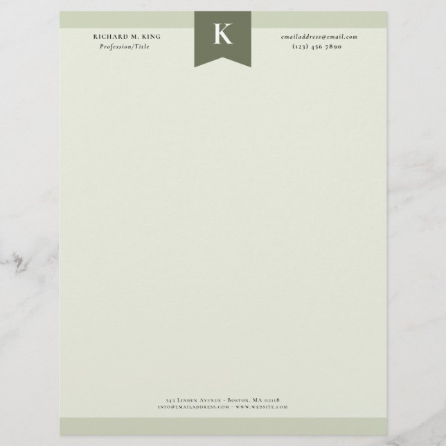 Olive Elegant Bold Monogram Contactgegevens Briefhoofd (Voorkant)