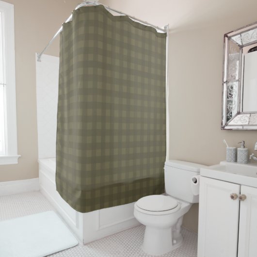 Olive en Sage Green Gingham Plaid Patterned Douchegordijn (In situ)