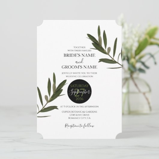 Olive Feuille Verdure Mariage Invitations (Debout devant)