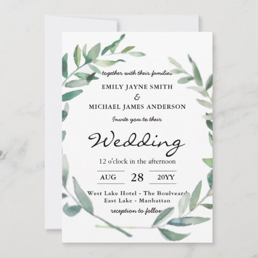 Olive Feuilles Mariage Invitations Verdure Moderne (Devant)