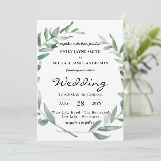 Olive Feuilles Mariage Invitations Verdure Moderne (Debout devant)