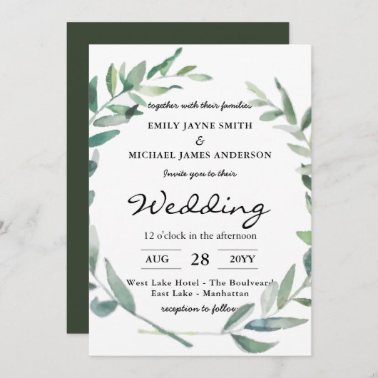Olive Feuilles Mariage Invitations Verdure Moderne (Devant / Derrière)