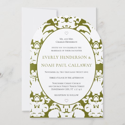 Olive foncé Damask Vintage Wedding Invitation (Devant)