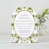 Olive foncé Damask Vintage Wedding Invitation (Debout devant)