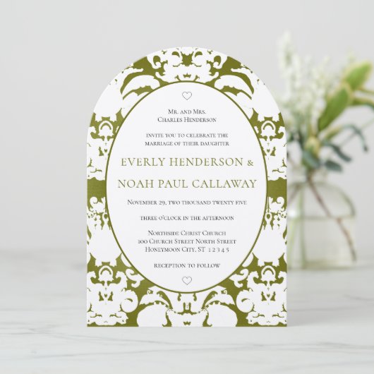 Olive foncé Damask Vintage Wedding Invitation (Debout devant)