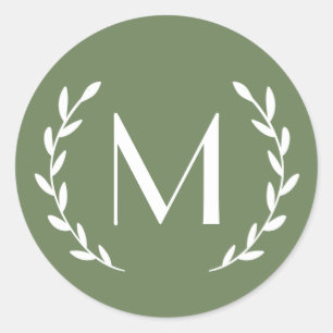 Olive Forest Green Laurel Monogram Letter Initiaal Ronde Sticker