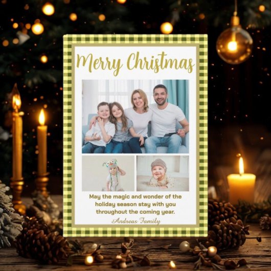 Olive Gingham Plaid 3 Photo Christmas Feestdagenkaart