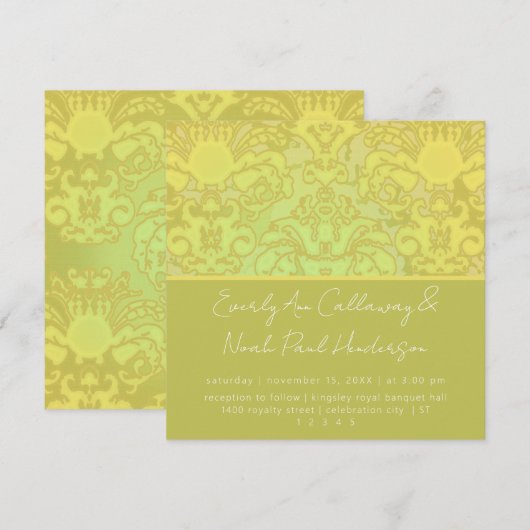 Olive & Gold Damask Wedding Invitation Kaart (Voorkant / Achterkant)