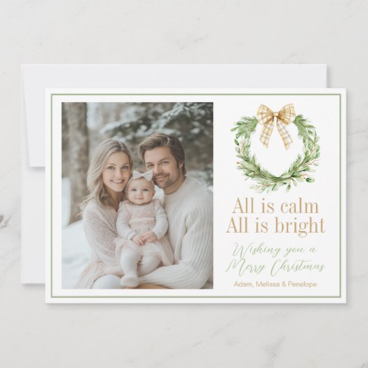 Olive Gold Plaid Krans Preppy Bow Kerst Kaart (Voorkant)