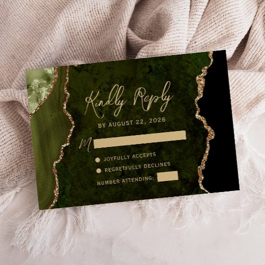 Olive Green Agate Gold Script Wedding RSVP Kaartje