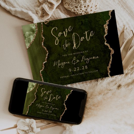 Olive Green Agate Script Wedding Sla de datum op Save The Date
