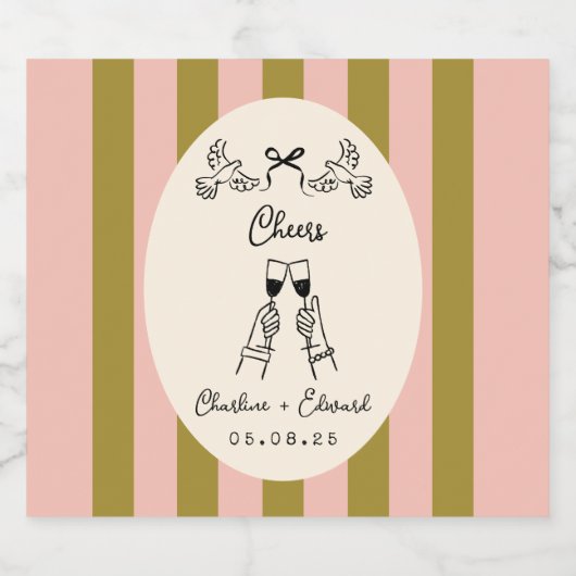 Olive Green and Blush Pink Striped Wedding Bottle Sparkling Wijnetiket (Enkel label)