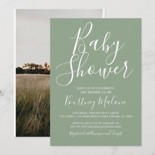 Olive Green Baby shower Photo Invitation (Devant / Derrière)