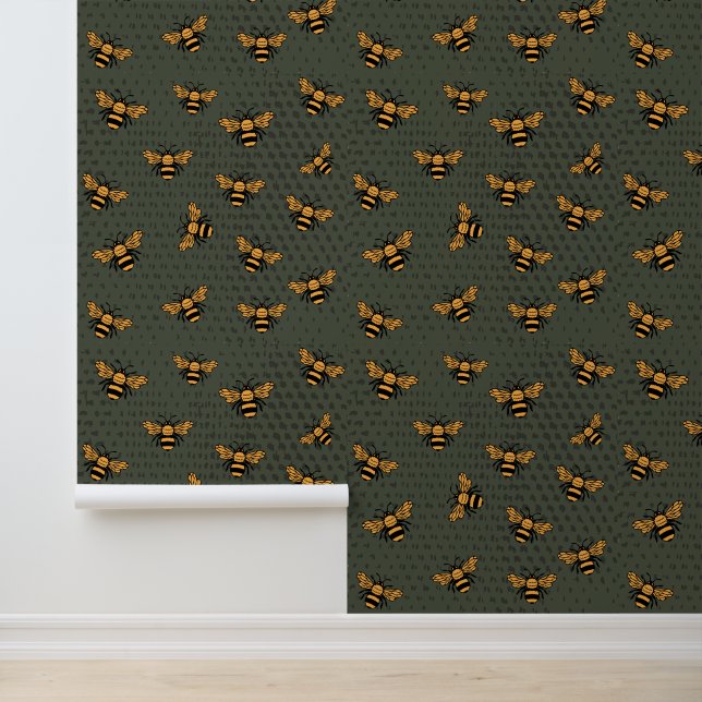 Olive Green Bee Mingle Wallpaper Behang (Applicatie)