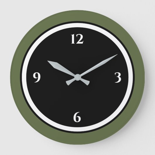 Olive Green Black & White Minimal Large Clock Grote Klok (Voorkant)