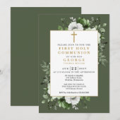 Olive Green Boho Floral Eerste Heilige Communie Kaart (Voorkant / Achterkant)