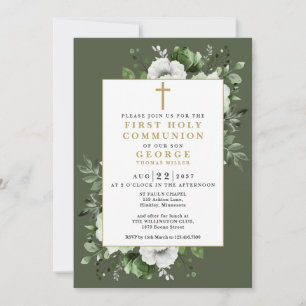 Olive Green Boho Floral Eerste Heilige Communie Kaart