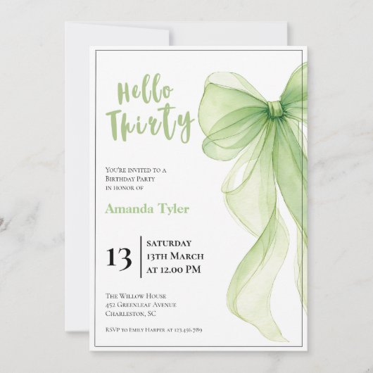 Olive Green Bow 30th Birthday Invitation (Devant)