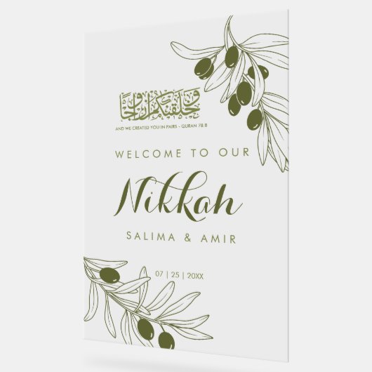 Olive Green Branches Nikkah Acrylic Sign (Angle)