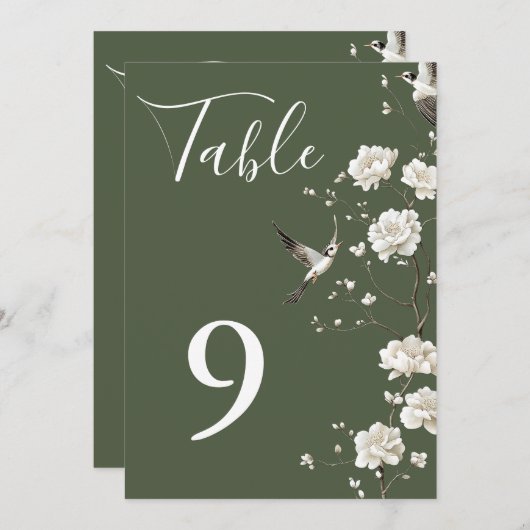 Olive Green Chinoiserie Bloemen Tafelnummers (Voorkant / Achterkant)