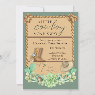 Olive Green Cowboy Western Baby shower Invitation Kaart