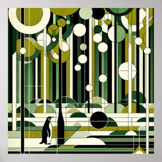 Olive Green Cream Geometrische Pinguïn Forest Retr Poster