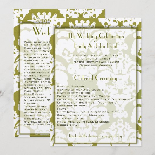 Olive Green Damask Wedding Program Programma (Voorkant / Achterkant)