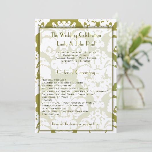 Olive Green Damask Wedding Program Programma (Staand voorkant)