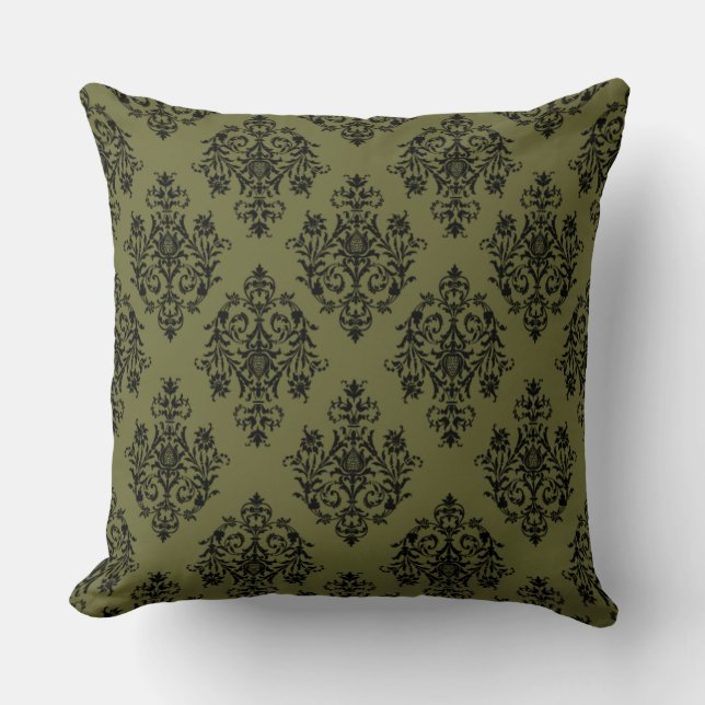 Olive Green en Black Damask Patroon Kussen (Voorkant)