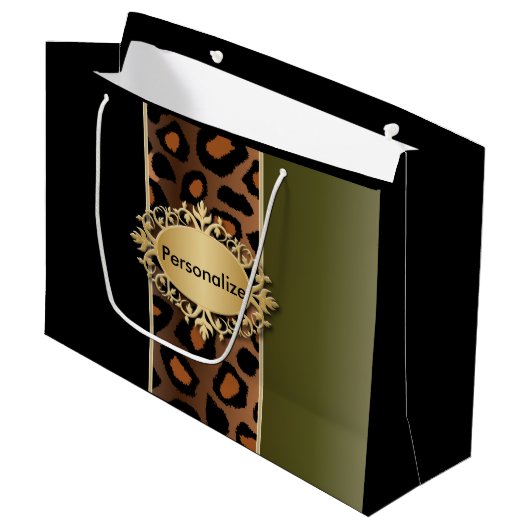 Olive Green en Black Leopard Pattern Large Cadeautasje (Voorkant Gekanteld)