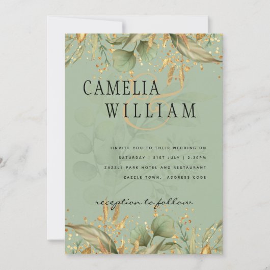 Olive Green Feuille Gold Wedding Invitation (Devant)