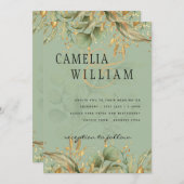 Olive Green Feuille Gold Wedding Invitation (Devant / Derrière)